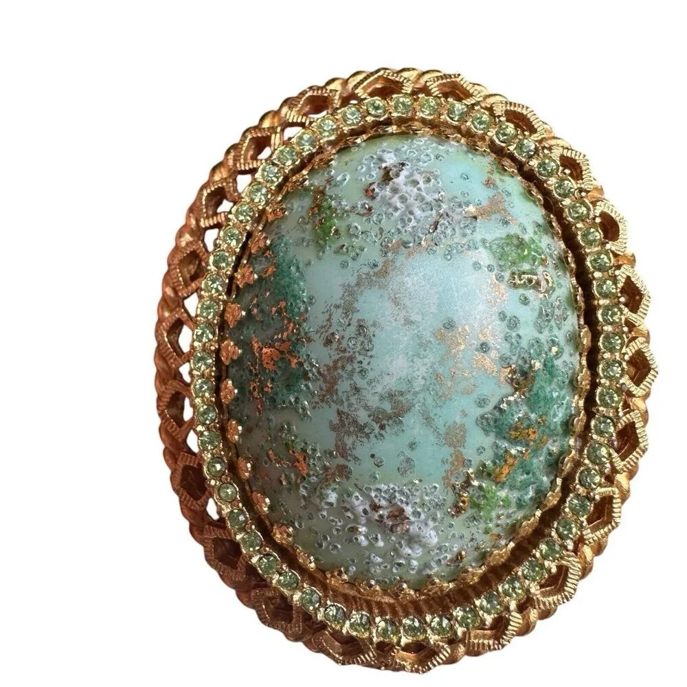 VTG DeNicola‎ Statement Brooch 2.25 Inch Green Easter Egg Cab Rhinestones Gold